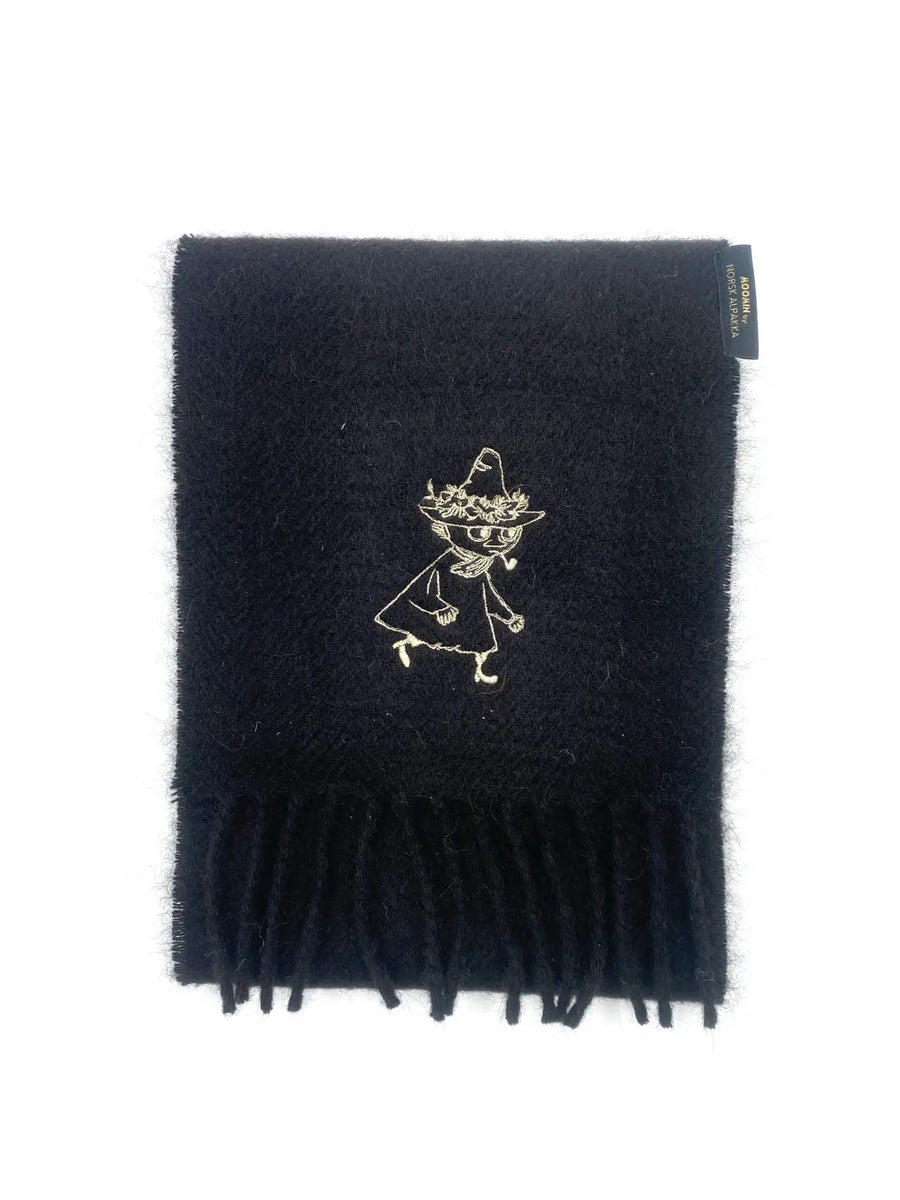 Alpaca scarf with gold embroidered Moomin character in natural black wool, made by Norsk Alpakka.