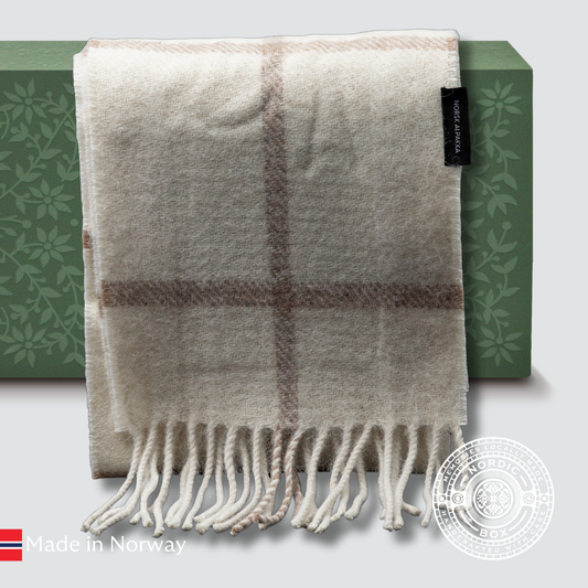 Checked White and Beige Small Undyed Alpaca Scarf