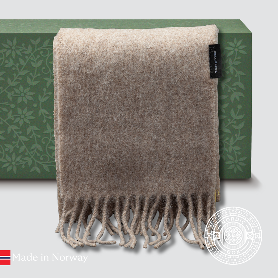 Natural light-brown alpaca scarf, soft and warm, crafted by Norsk Alpakka.