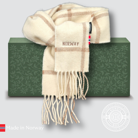 Norway Embroidered Checked White and Beige  Undyed Alpaca Scarf - Slim