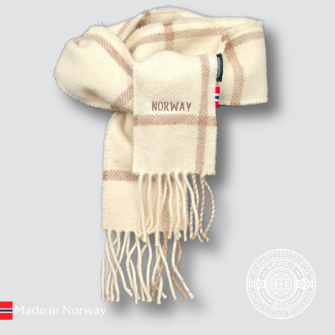 Norway Embroidered Checked White and Beige  Undyed Alpaca Scarf - Slim