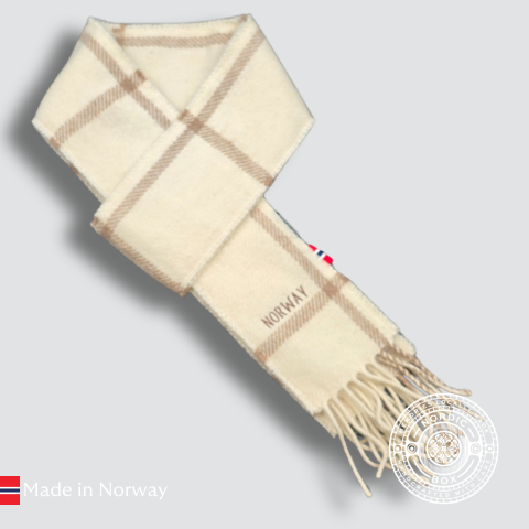 Norway Embroidered Checked White and Beige  Undyed Alpaca Scarf - Slim
