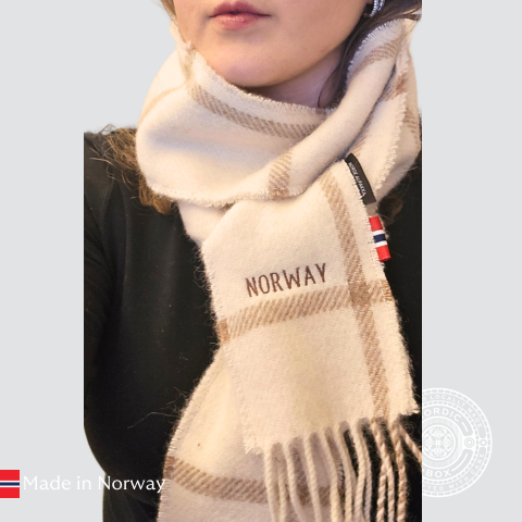 Norway Embroidered Checked White and Beige  Undyed Alpaca Scarf - Slim