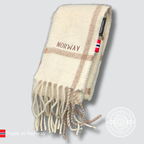 Norway Embroidered Checked White and Beige  Undyed Alpaca Scarf - Slim