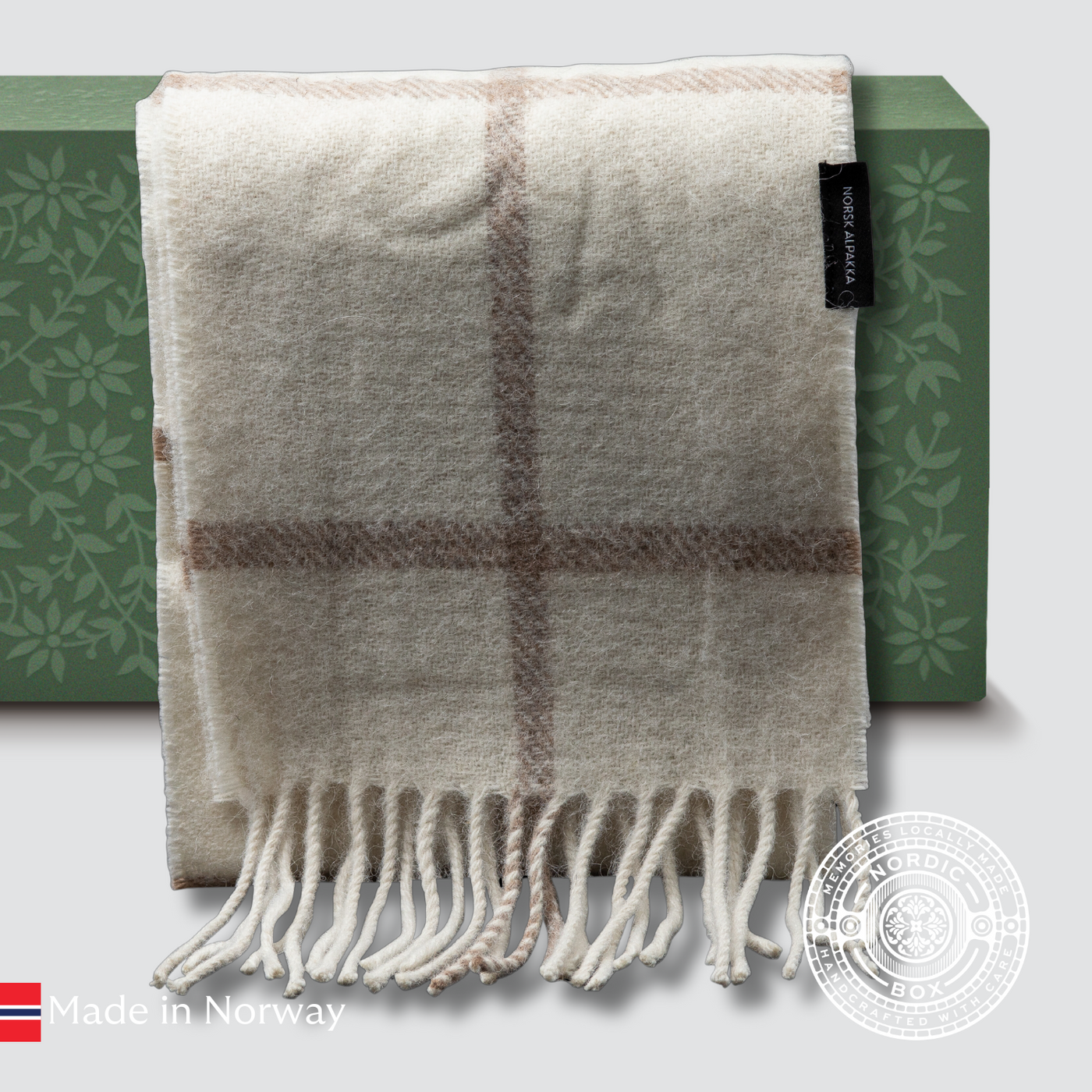 White and beige checked alpaca scarf, soft and medium length, crafted by Norsk Alpakka.