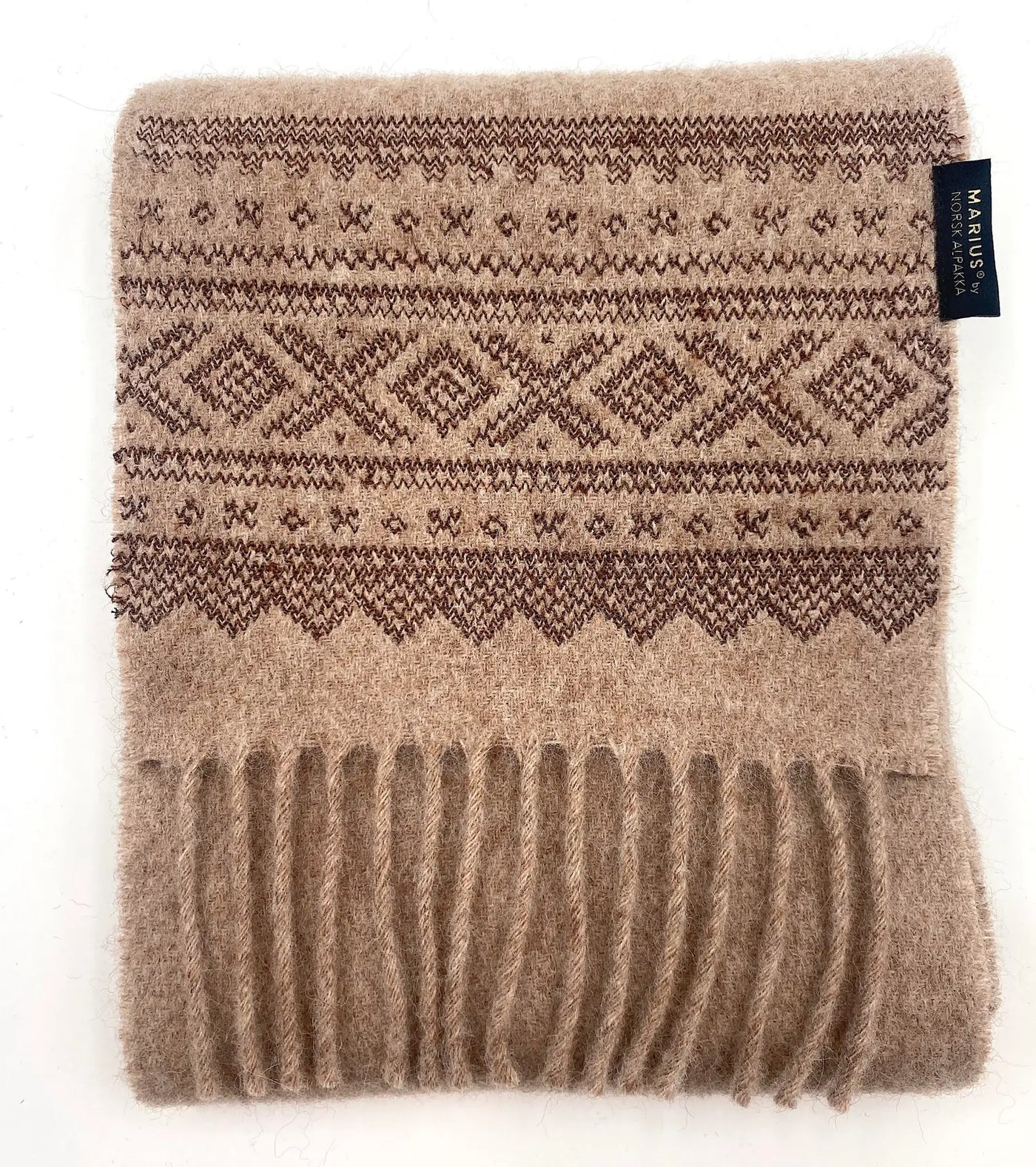 Luxury Marius® alpaca scarf in natural light brown. Ethically made in Norway by Norsk Alpakka. Soft, warm, and timeless.