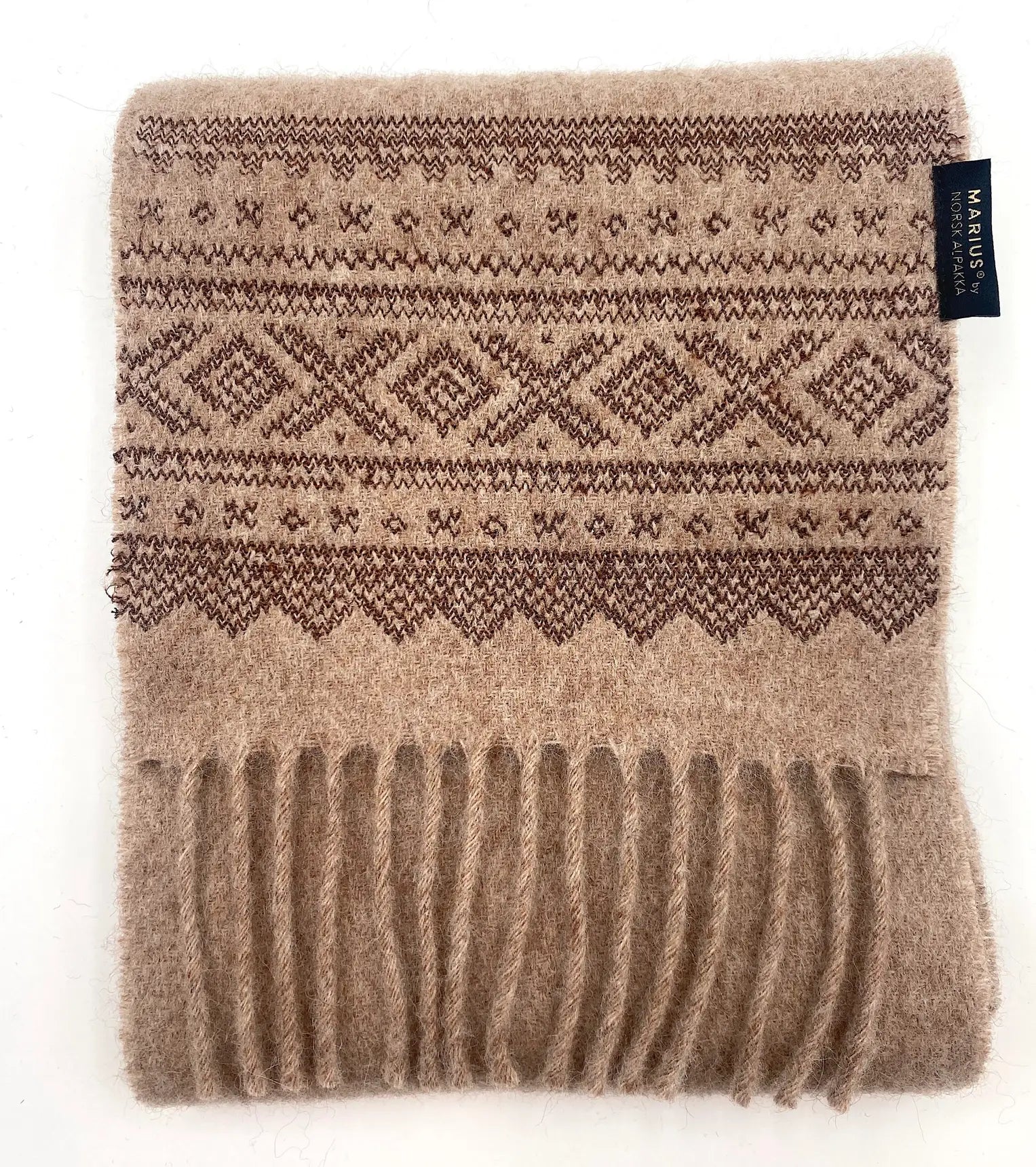 Luxury Marius® alpaca scarf in natural light brown. Ethically made in Norway by Norsk Alpakka. Soft, warm, and timeless.