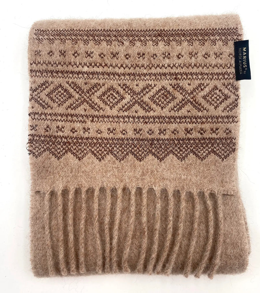 Luxury Marius® alpaca scarf in natural light brown. Ethically made in Norway by Norsk Alpakka. Soft, warm, and timeless.