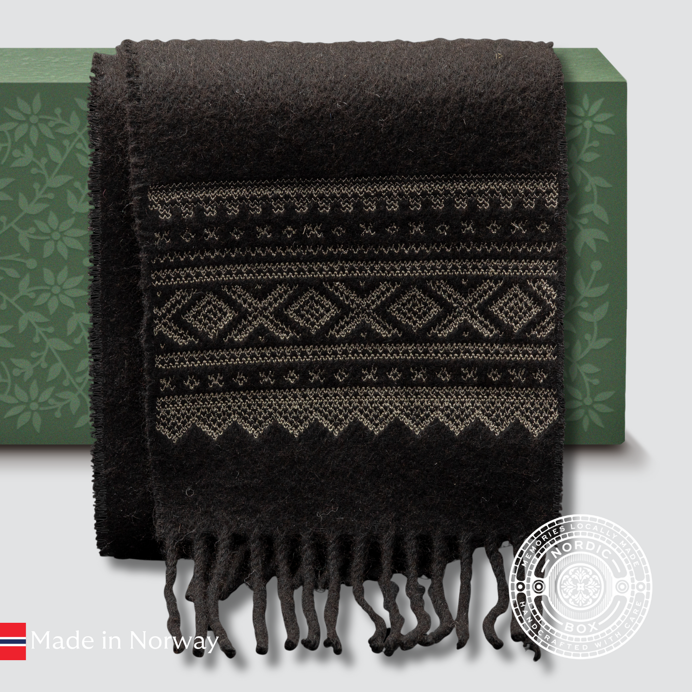 Marius® Alpaca Scarf in Natural Black with Gold Embroidery a box