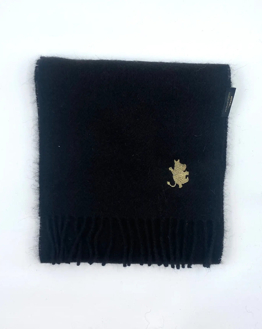 Alpaca scarf in natural black with embroidered Moomin Troll, crafted in Sigdal by Norsk Alpakka.