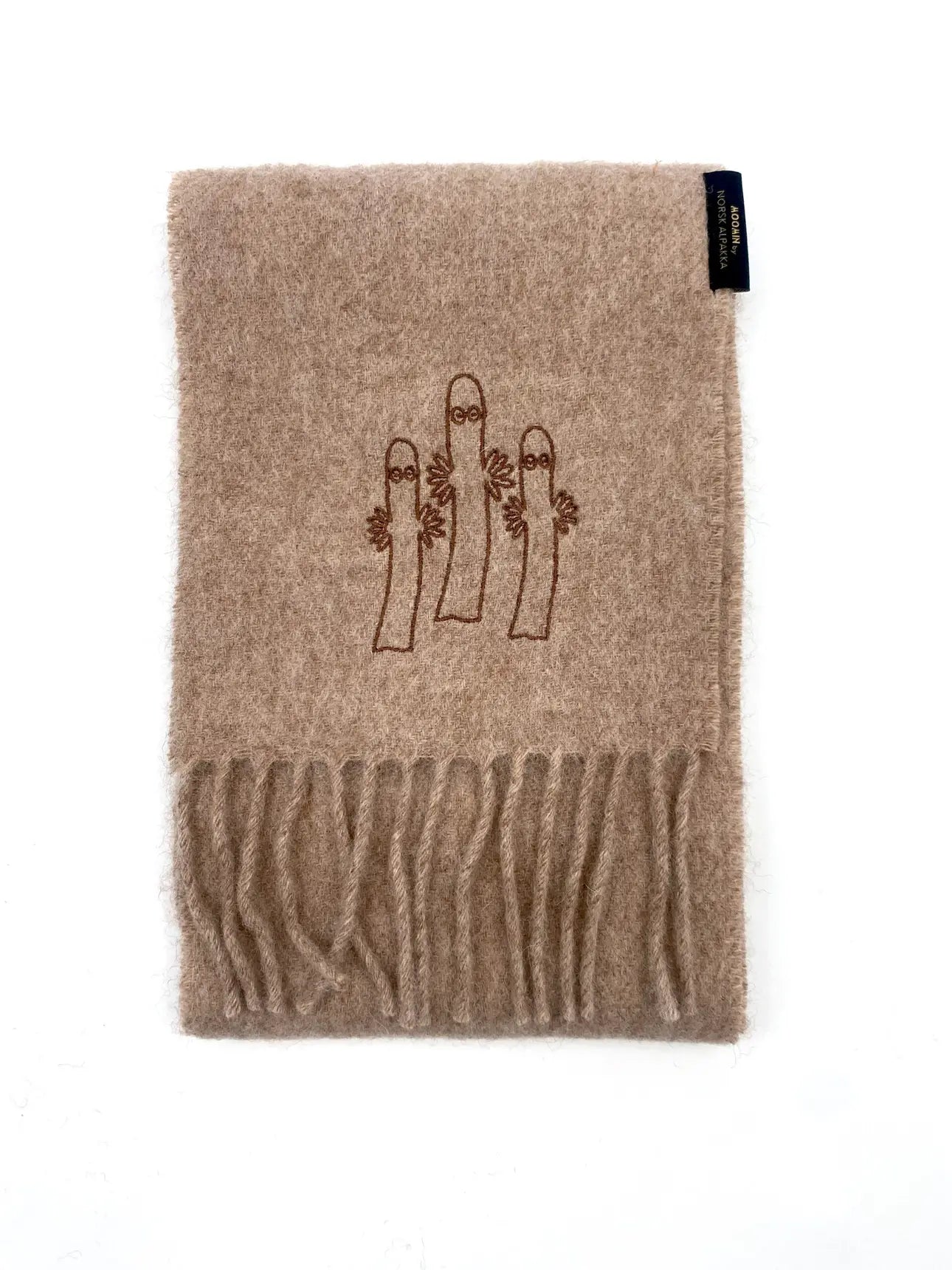 Natural brown alpaca scarf with gold Hattifnatter embroidery, crafted in Sigdal by Norsk Alpakka.