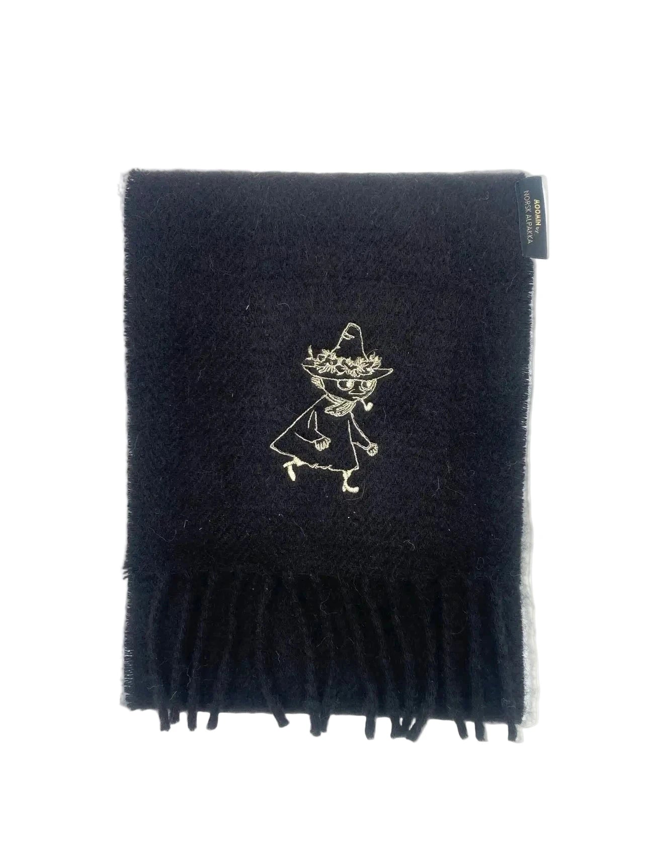 Officially licensed Moomin alpaca scarf in black with gold Snufkin embroidery and fringes.