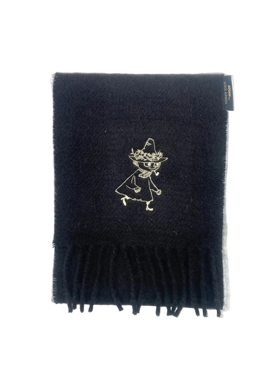 Officially licensed Moomin alpaca scarf in black with gold Snufkin embroidery and fringes.